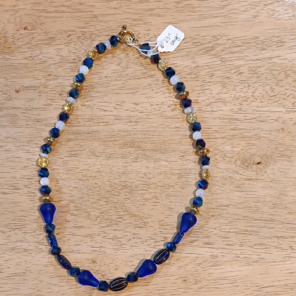 Handmade Blue and Gold Beaded Necklace